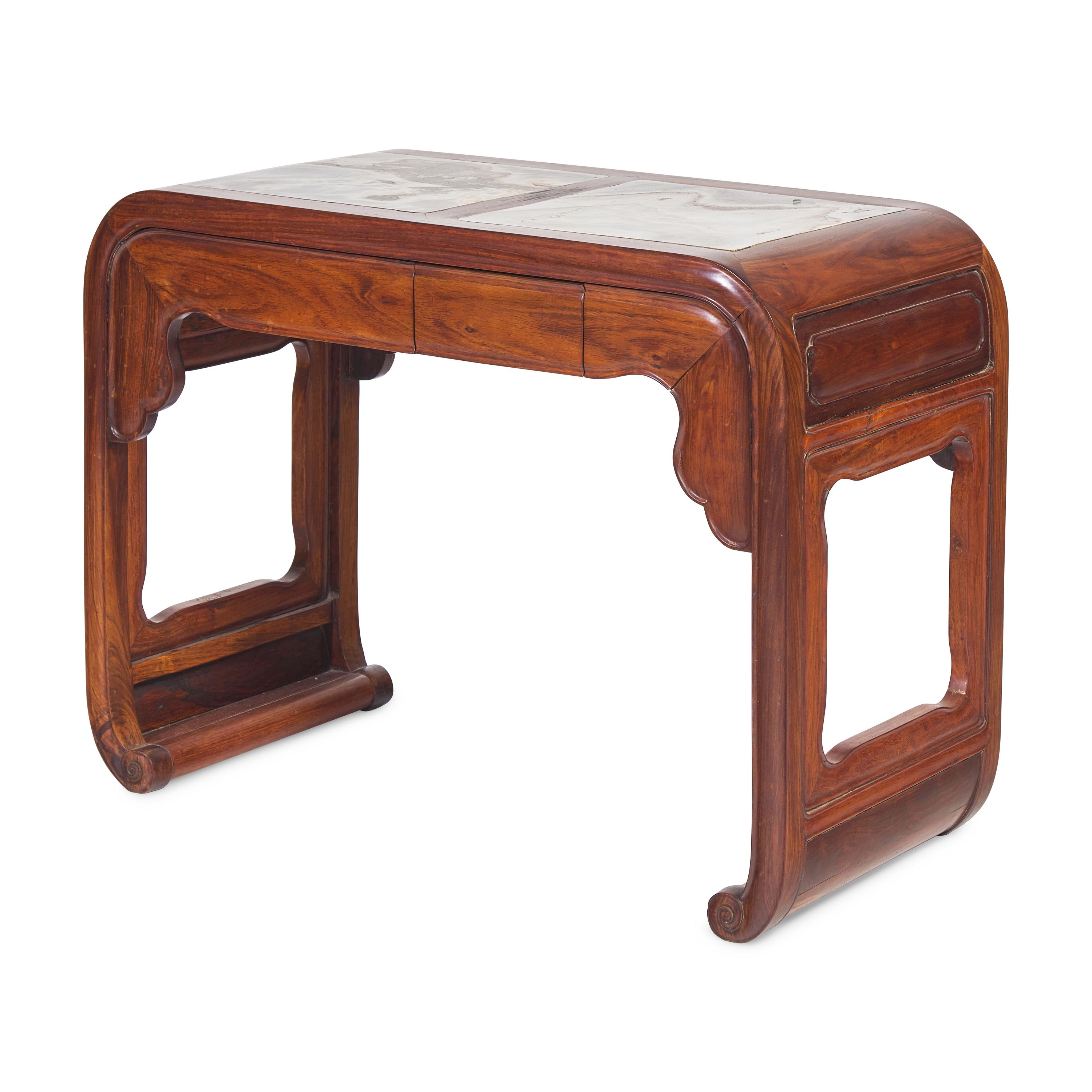 A Chinese Marble Inset Ironwood Game Table, 19th/Early 20th Century 清晚期 鐵力木嵌大理石書卷式條案