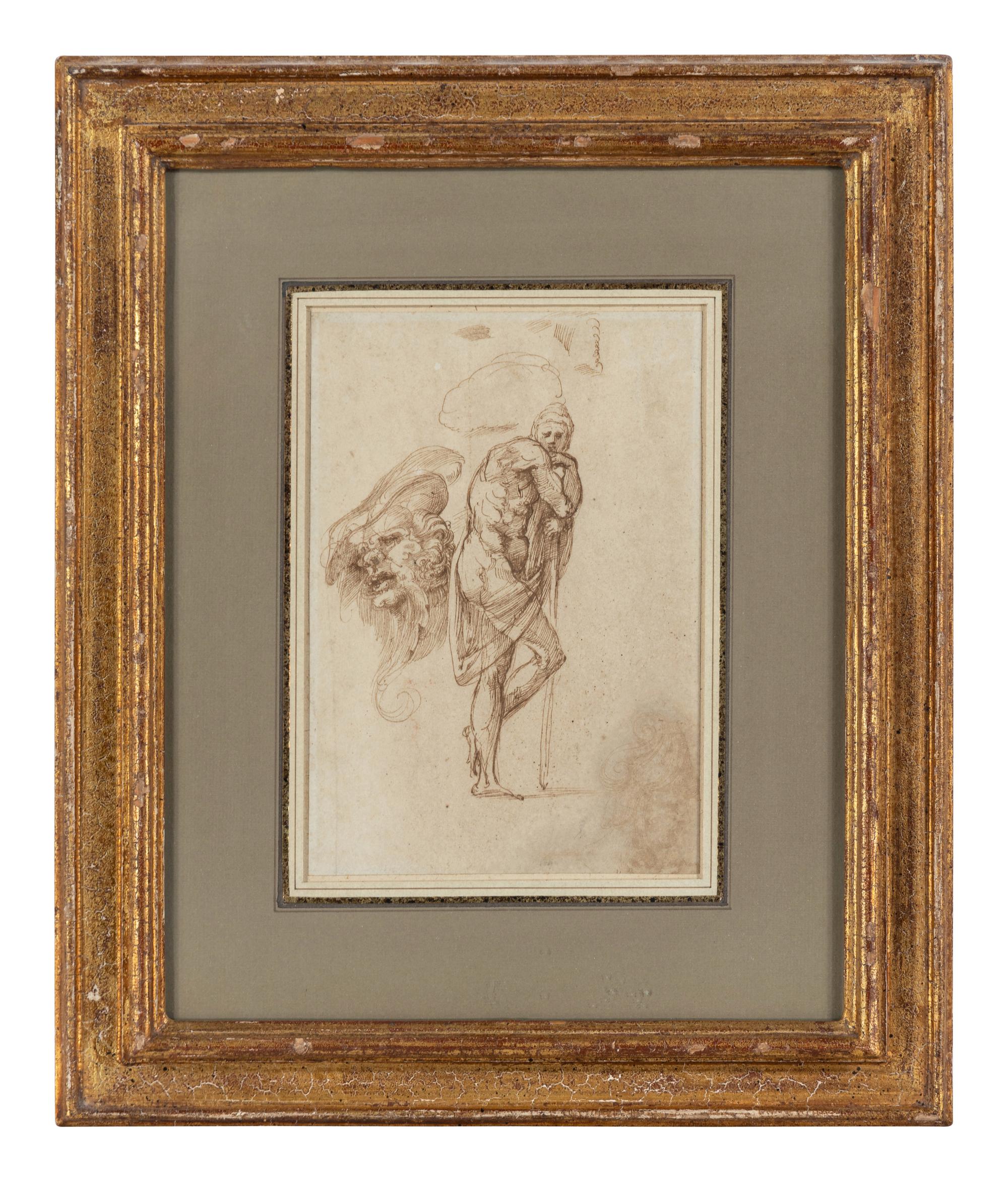 Studies of a Man Leaning on a Staff and of a Grotesque Head