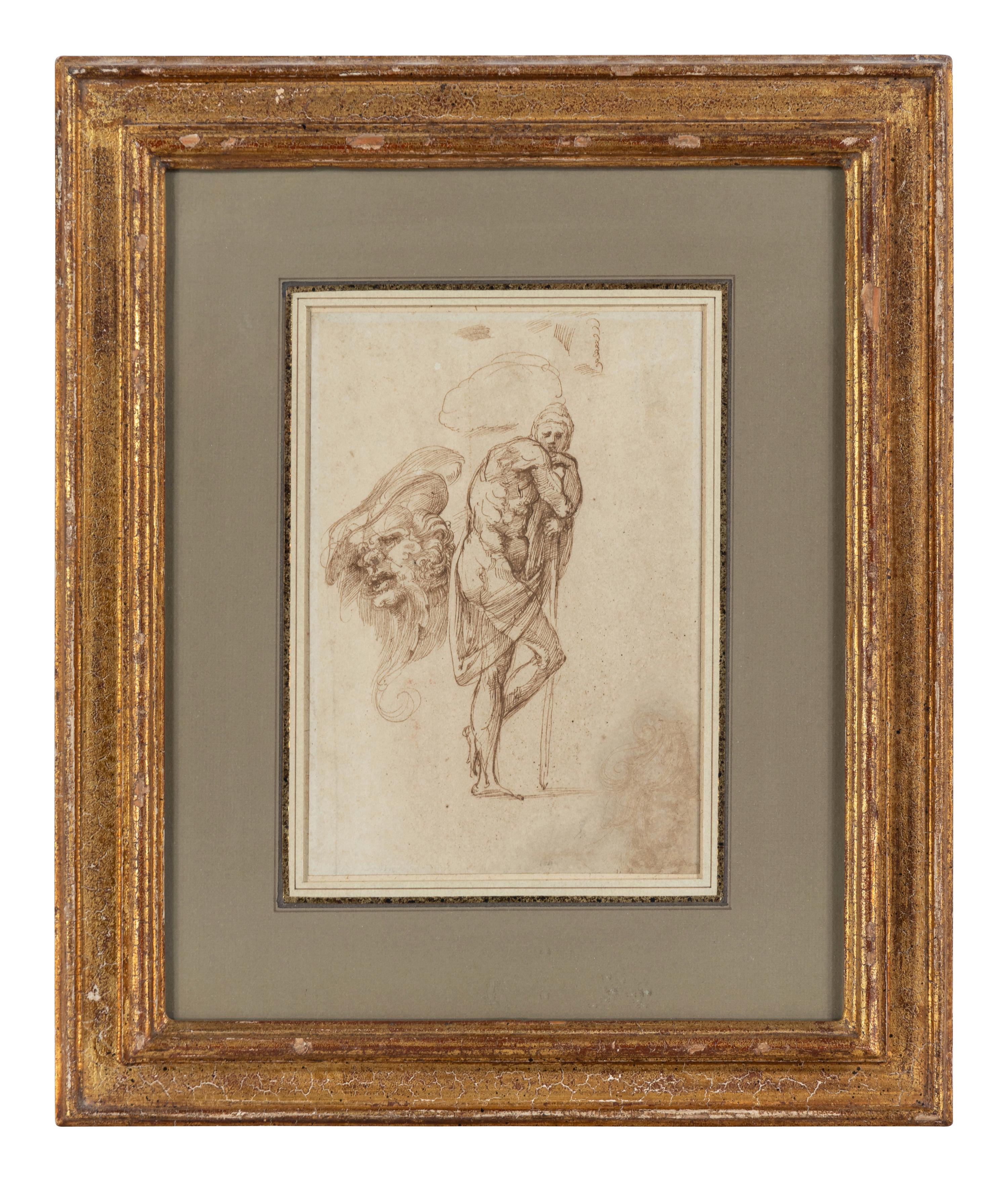 Studies of a Man Leaning on a Staff and of a Grotesque Head