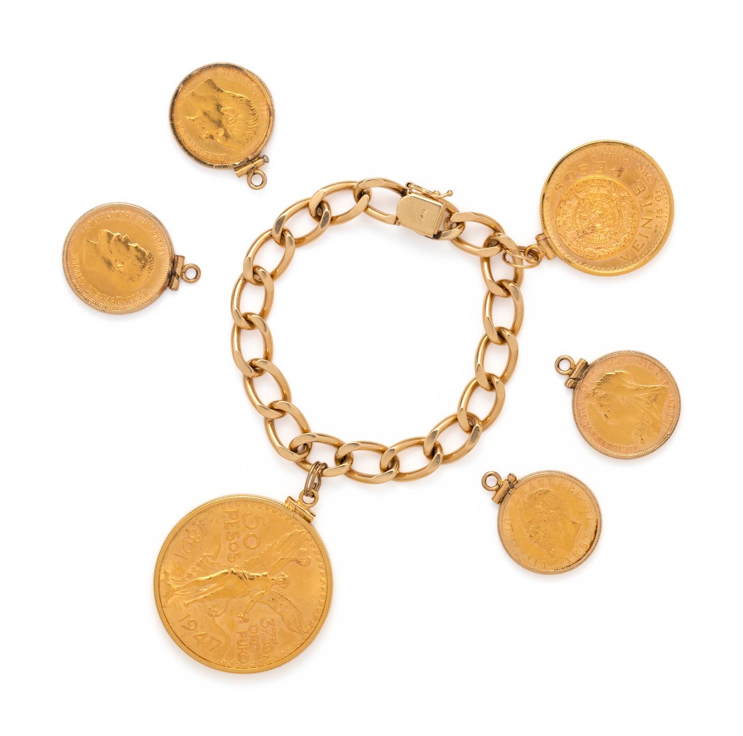 YELLOW GOLD BRACELET AND COLLECTION OF YELLOW GOLD AND COIN PENDANTS