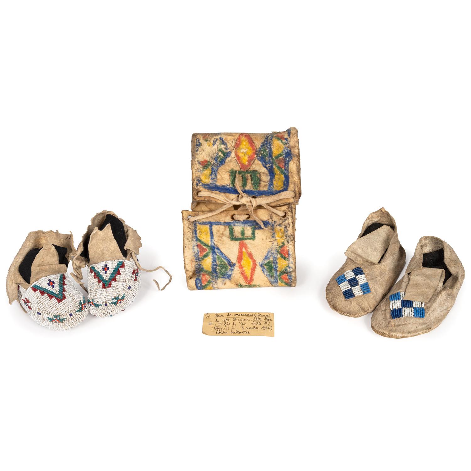 Northern Plains Child's Beaded Hide Moccasins and Miniature Painted Parfleche Envelope