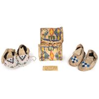 Northern Plains Child's Beaded Hide Moccasins and Miniature Painted Parfleche Envelope