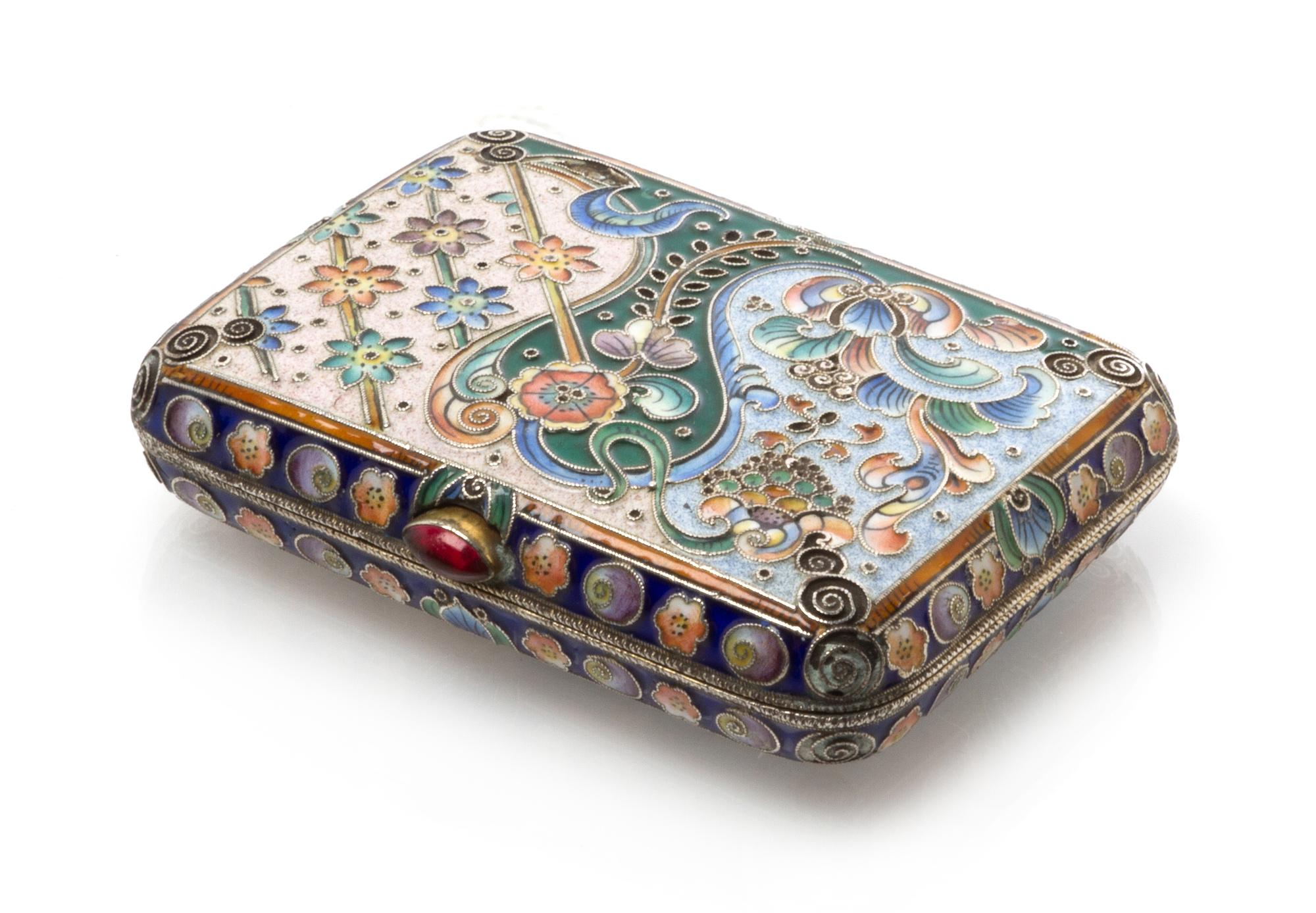 A Russian Enameled Silver Box, Mark of 20th Artel, Moscow, early 20th century, the case decorated with polychrome flowers and leaves an