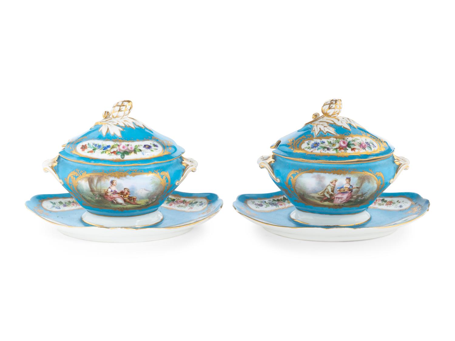 A Pair of Sèvres Style Porcelain Tureens and Underplates