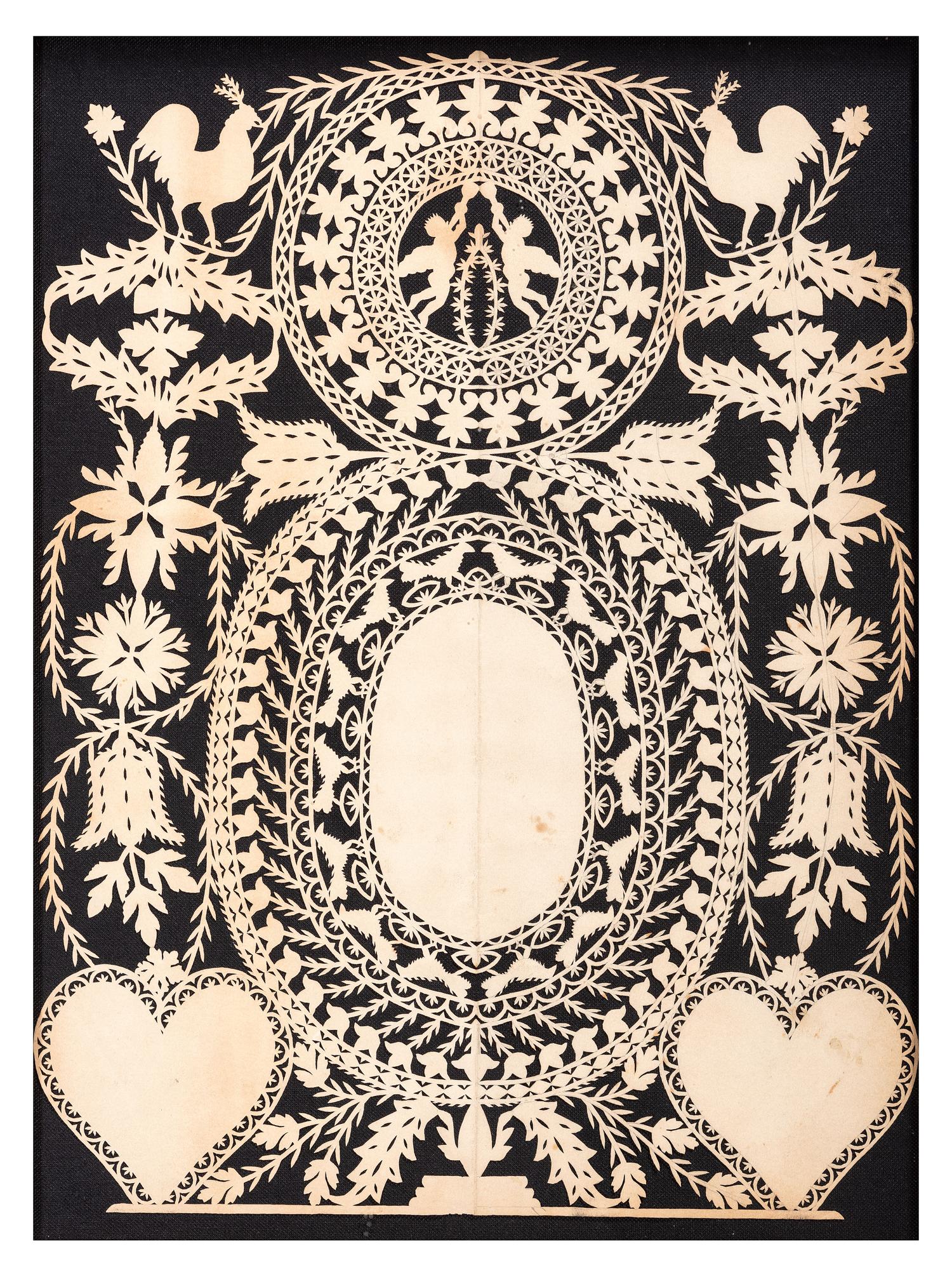 A Scherenschnitte Cutwork Picture with Roosters, Putti, and Hearts