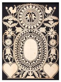 A Scherenschnitte Cutwork Picture with Roosters, Putti, and Hearts