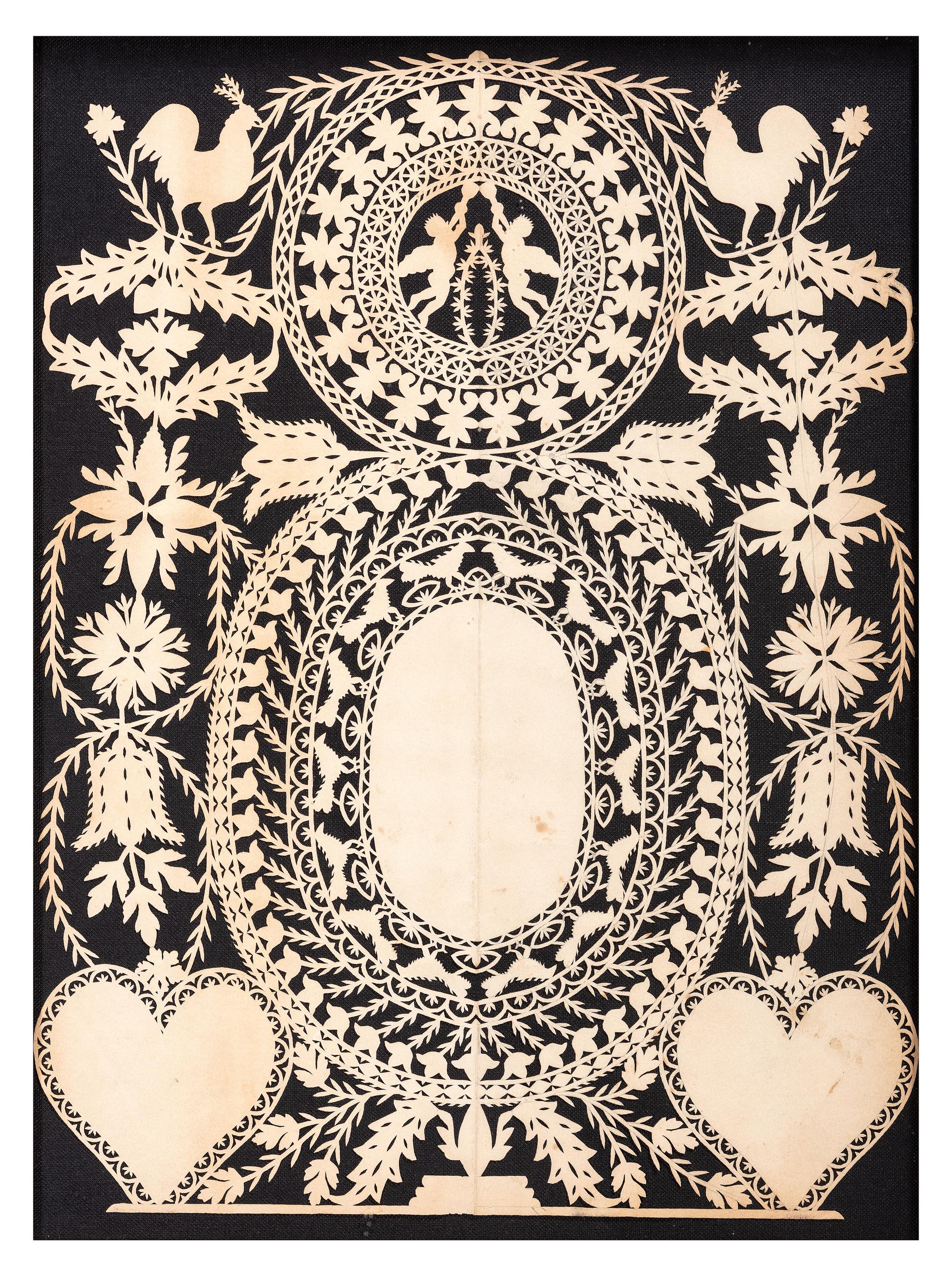 A Scherenschnitte Cutwork Picture with Roosters, Putti, and Hearts
