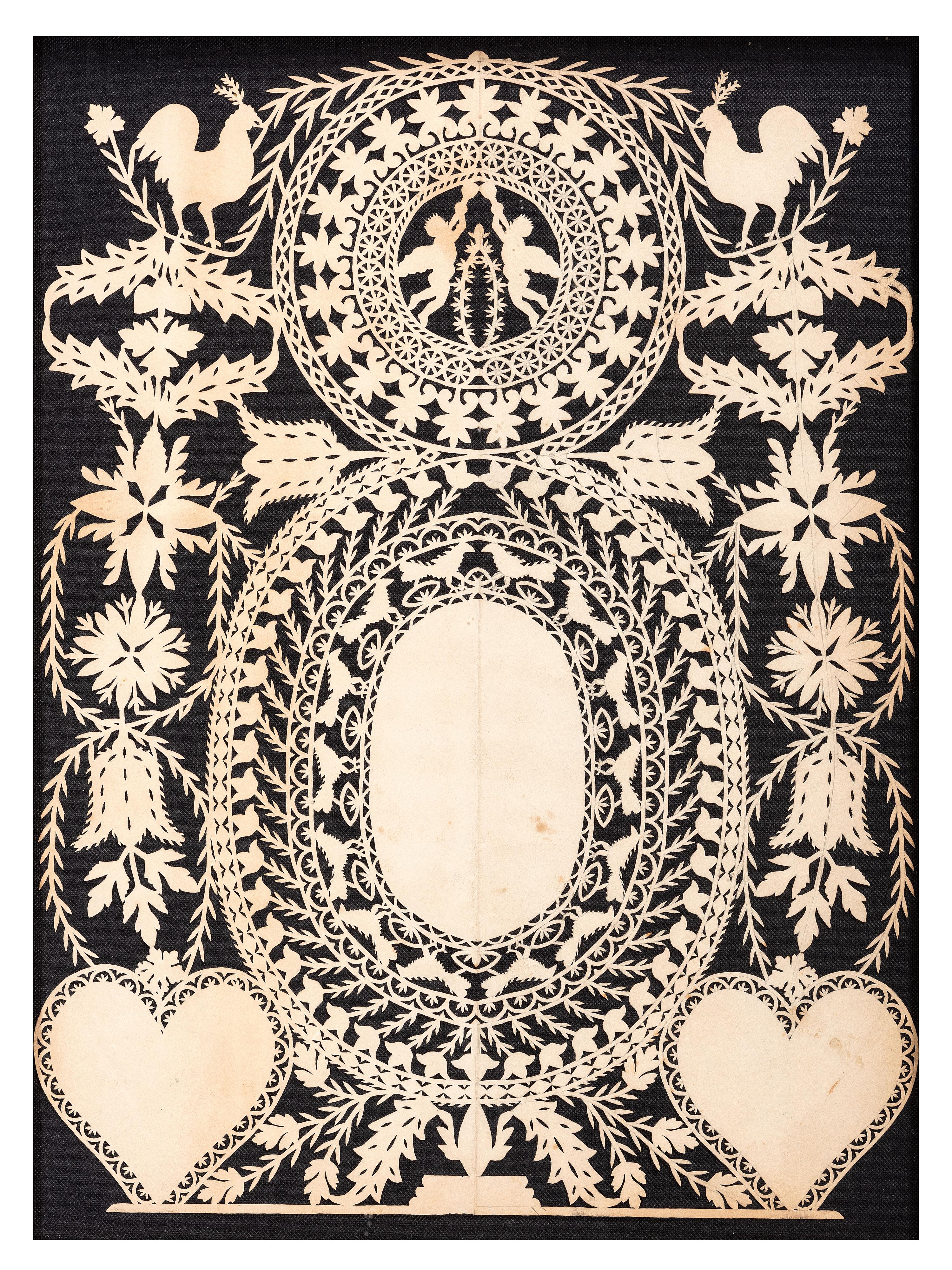 A Scherenschnitte Cutwork Picture with Roosters, Putti, and Hearts
