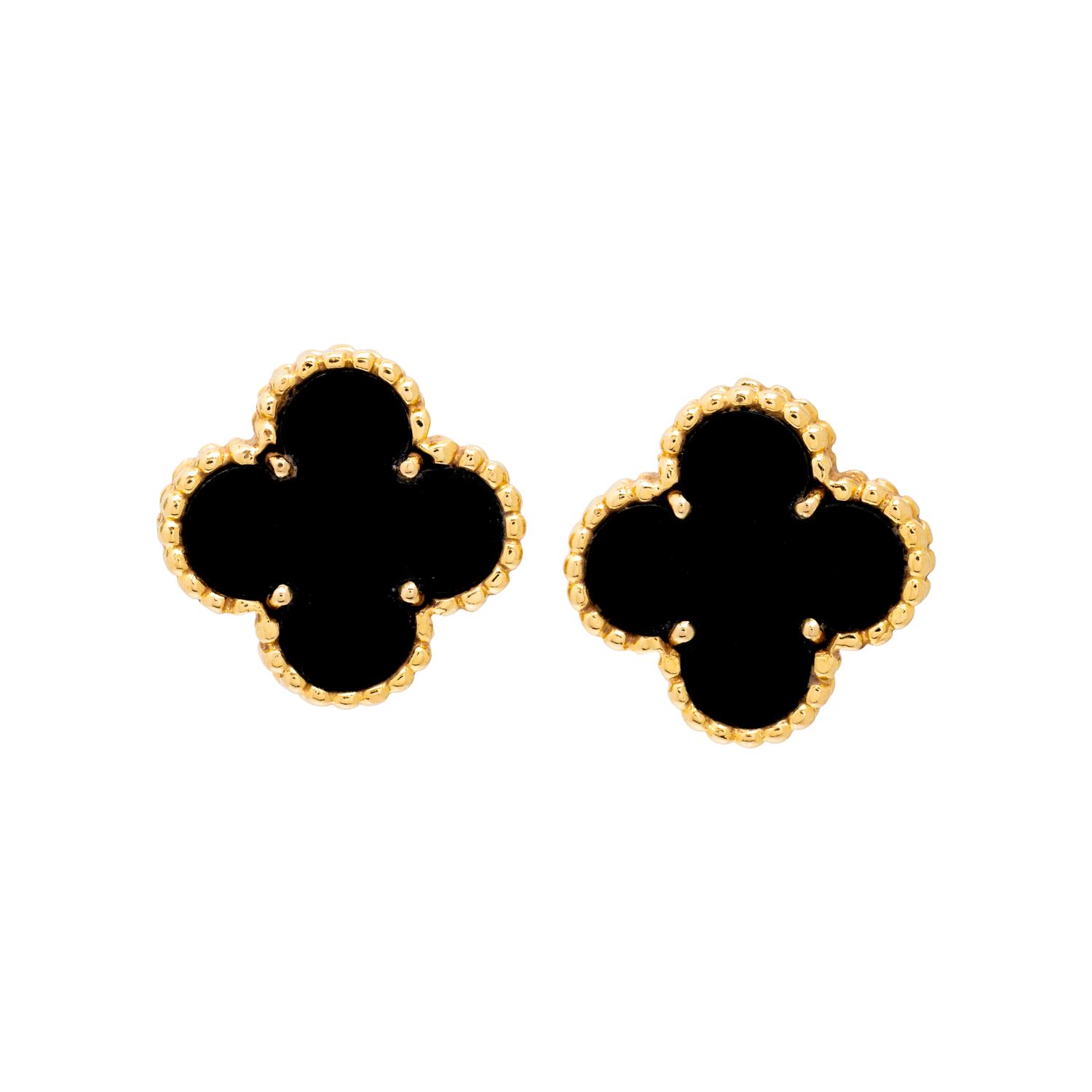 VAN CLEEF & ARPELS, YELLOW GOLD AND ONYX 'ALHAMBRA' CLIP EARRINGS