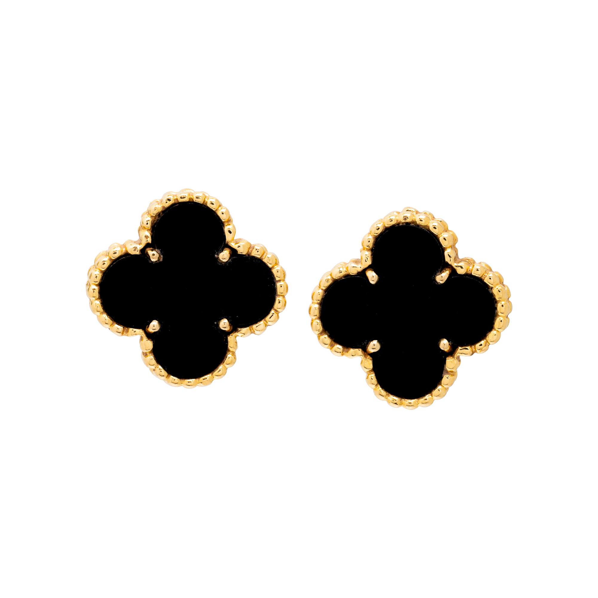 VAN CLEEF & ARPELS, YELLOW GOLD AND ONYX 'ALHAMBRA' CLIP EARRINGS