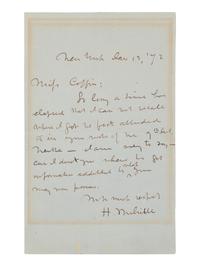 MELVILLE, Herman (1819-1891). Autograph letter signed ("H. Melville"), to Miss Coffin. New York, 13 January 1872. One page, 8vo (202 x 126 mm). Creased, marginal toning from old framing, a few small stains to lower margin. Provenance : Richard Manney Library (sold, Sotheby’s New York, 11 October 1991, lot 227).