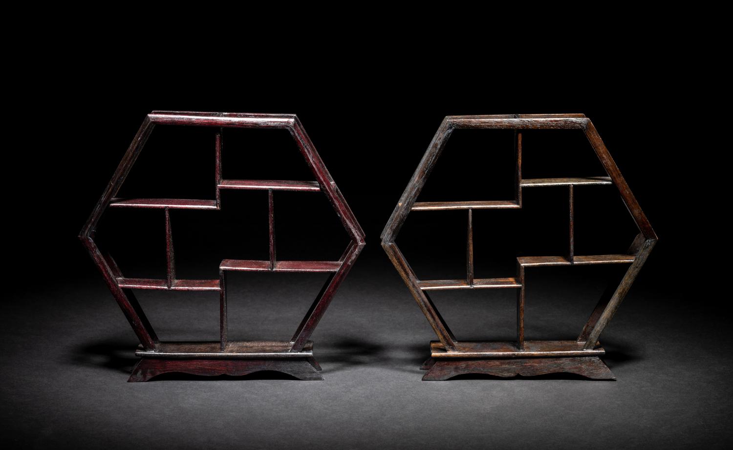 A Small Pair of Chinese Hardwood Displaying Shelves
