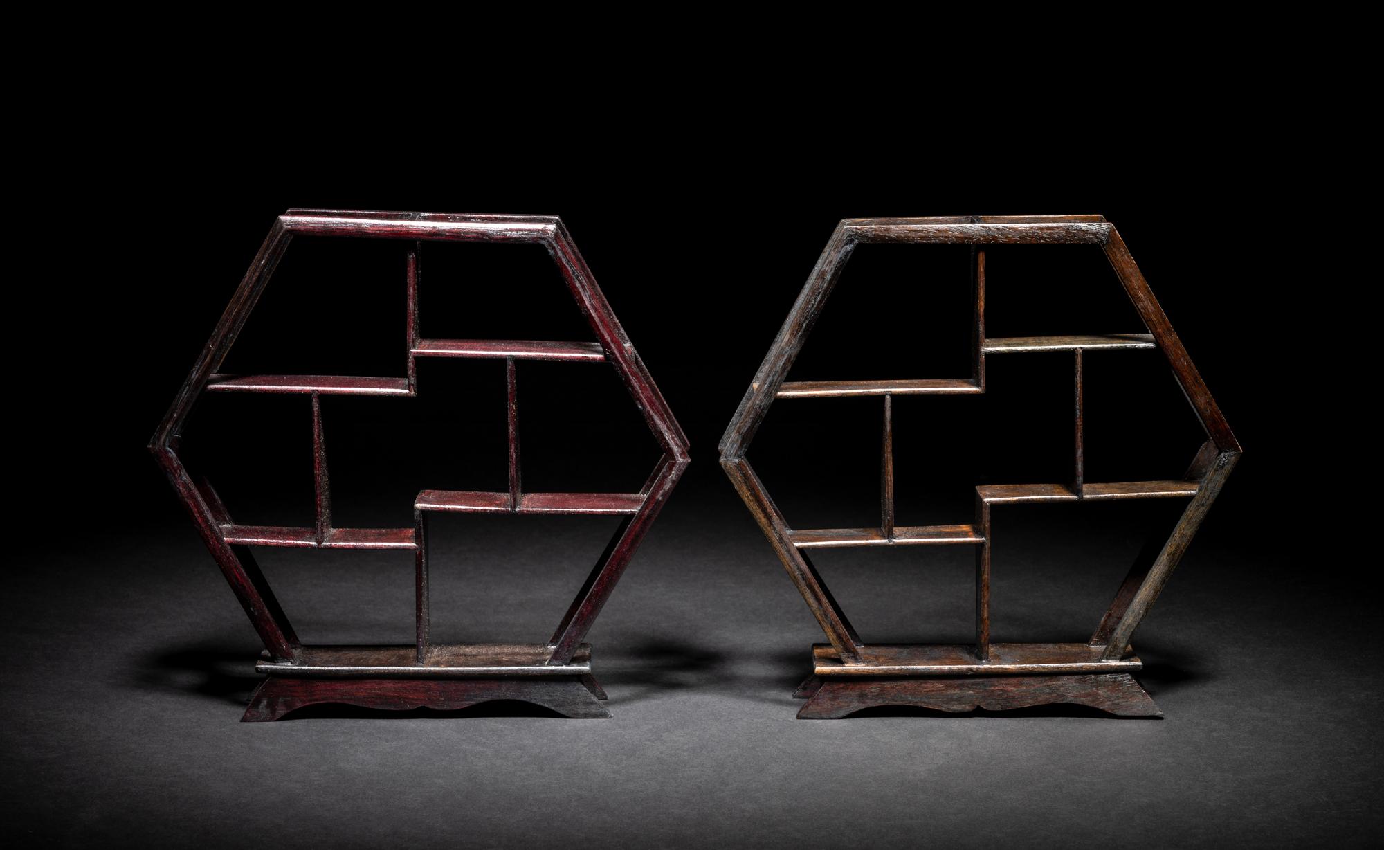 A Small Pair of Chinese Hardwood Displaying Shelves
