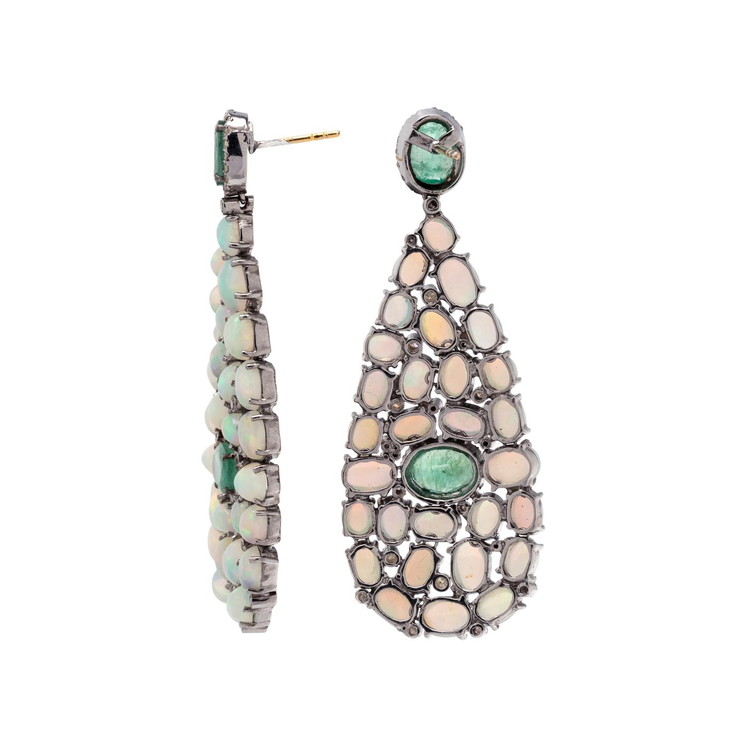 OPAL, EMERALD AND DIAMOND EARRINGS