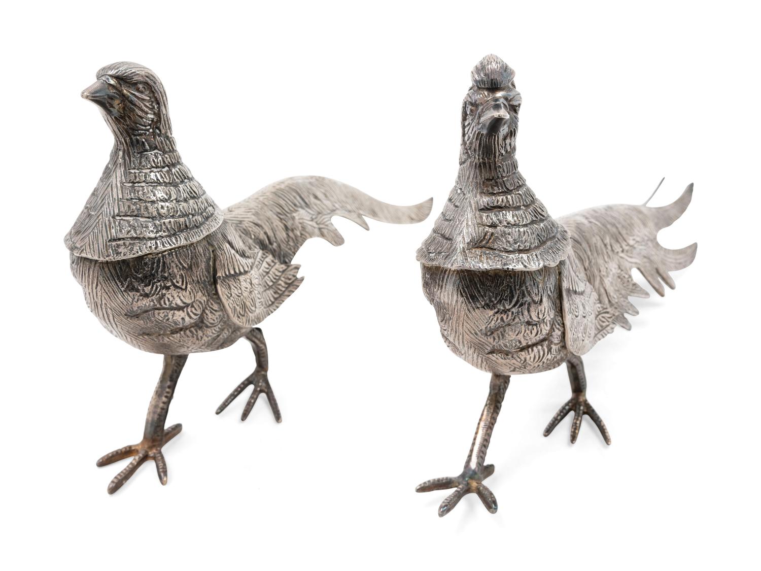 Two Silvered Metal Pheasants