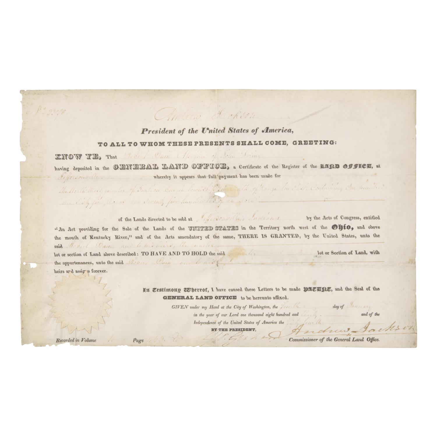 [Presidential] Jackson, Andrew. Partially-Printed Document, signed