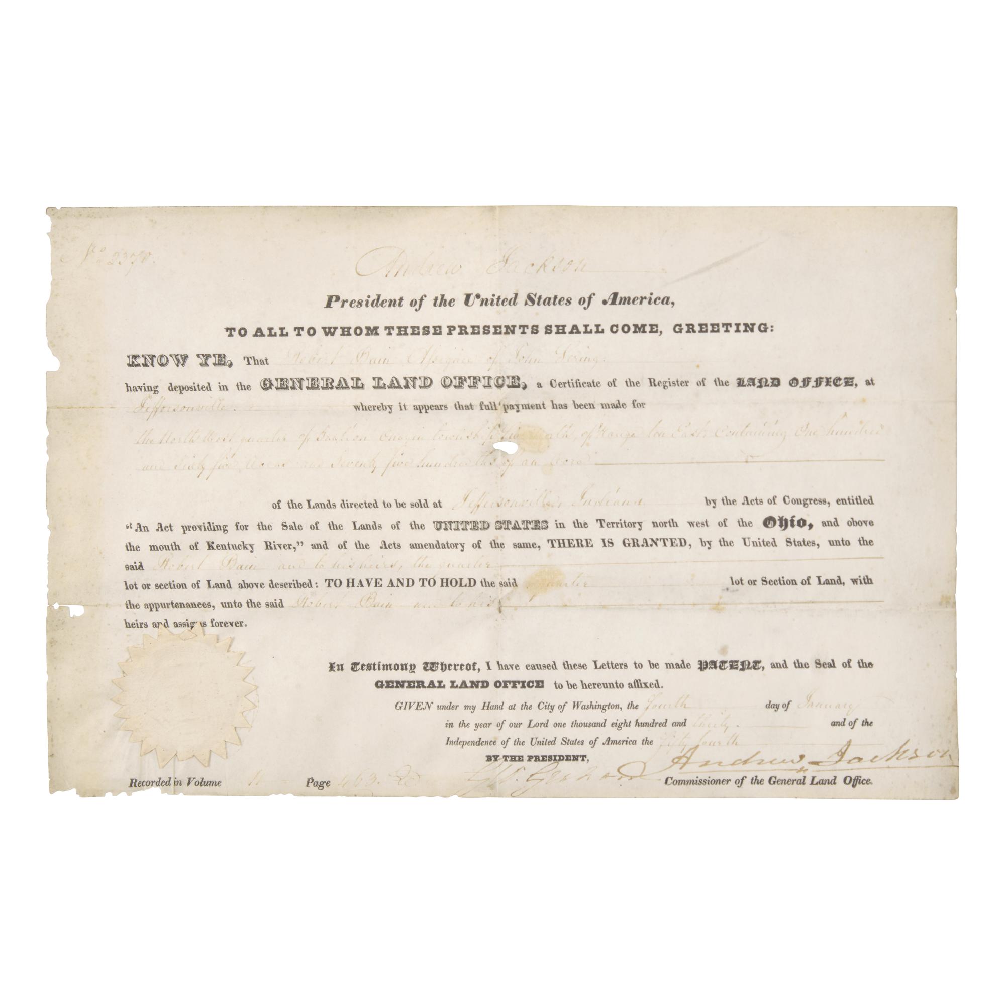 [Presidential] Jackson, Andrew. Partially-Printed Document, signed