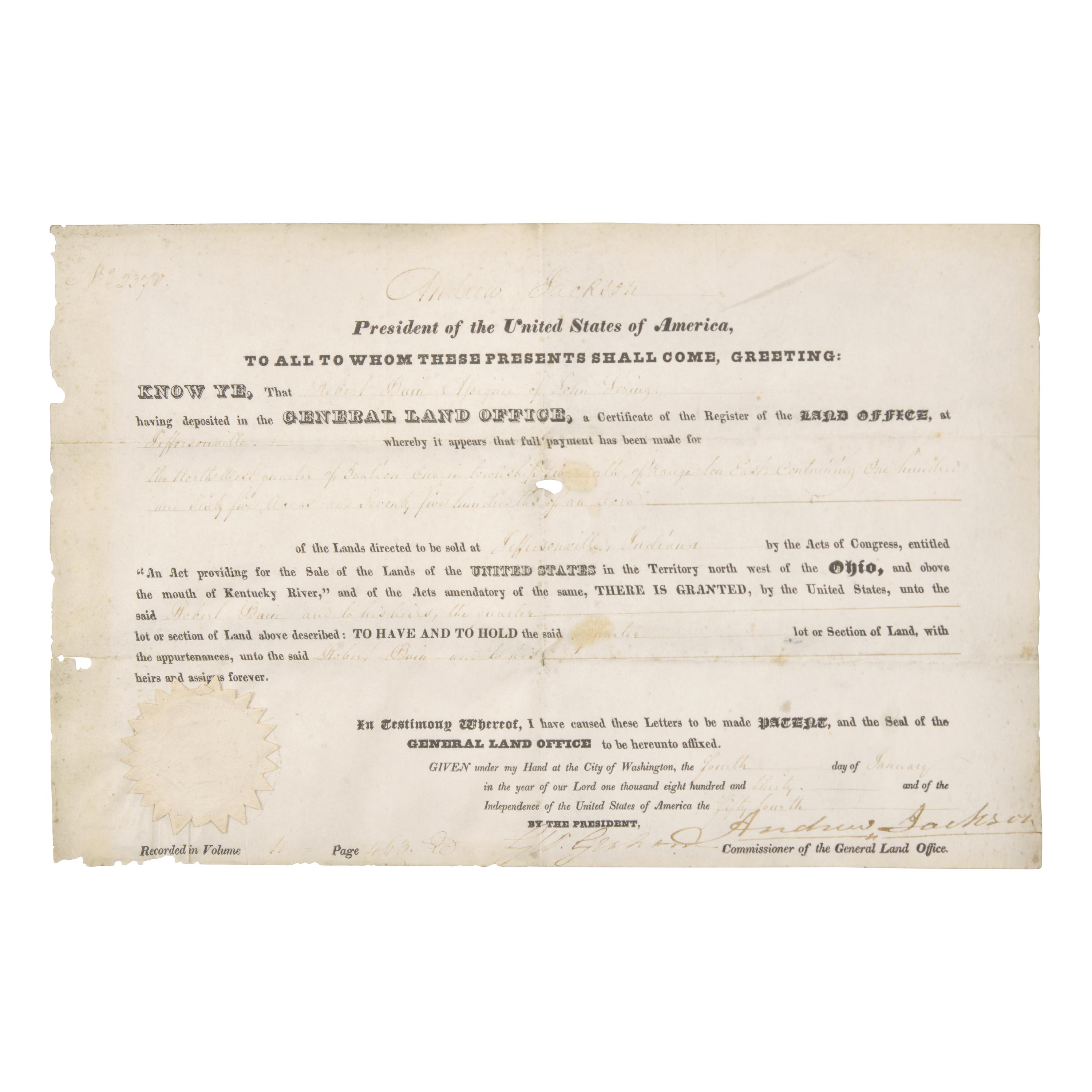 [Presidential] Jackson, Andrew. Partially-Printed Document, signed