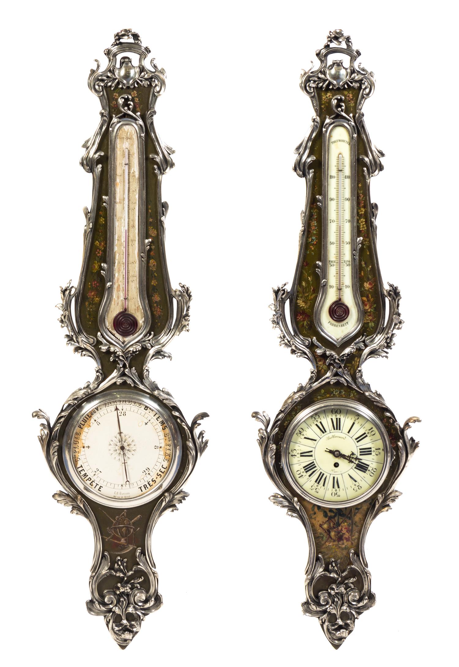 A French Silvered Bronze Mounted Painted Thermometer and Barometer Set Height 45 inches. — MID-19TH CENTURY