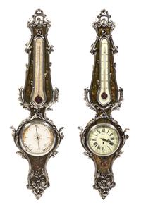 A French Silvered Bronze Mounted Painted Thermometer and Barometer Set Height 45 inches. — MID-19TH CENTURY