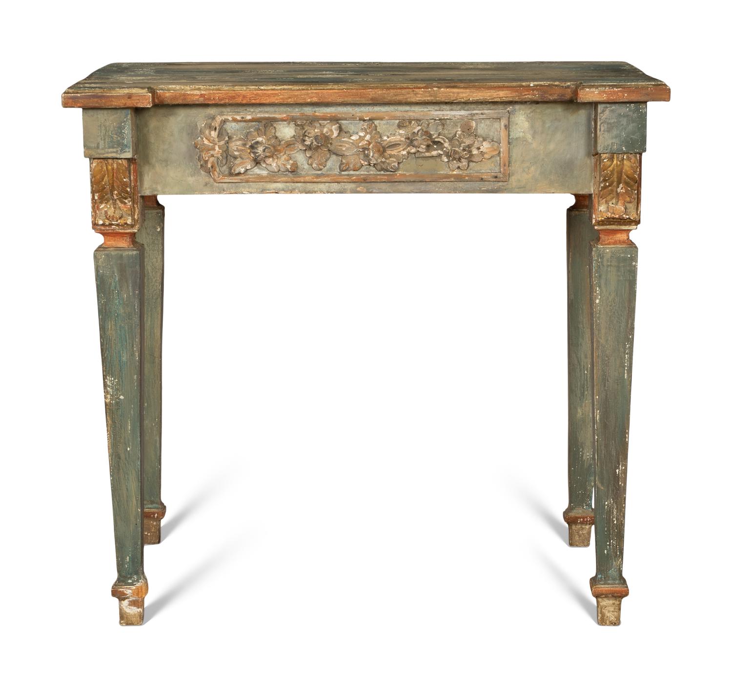 An Italian Polychrome Painted and Parcel Gilt Console Table