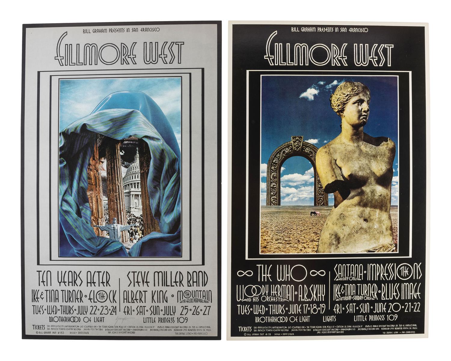 [MUSIC - POSTERS]. SINGER, David, artist. Complete set of 66 SIGNED posters designed for the Fillmore West Ballroom, San Francisco, California. 1969-1971.