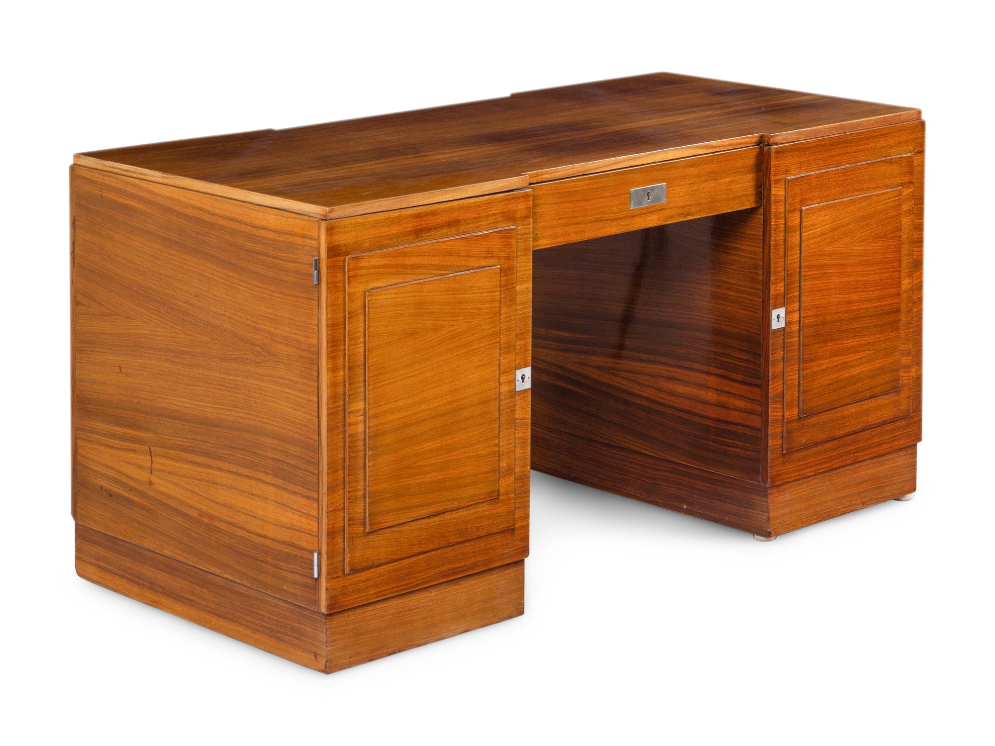 An Art Deco Style Figured Walnut Pedestal Desk
