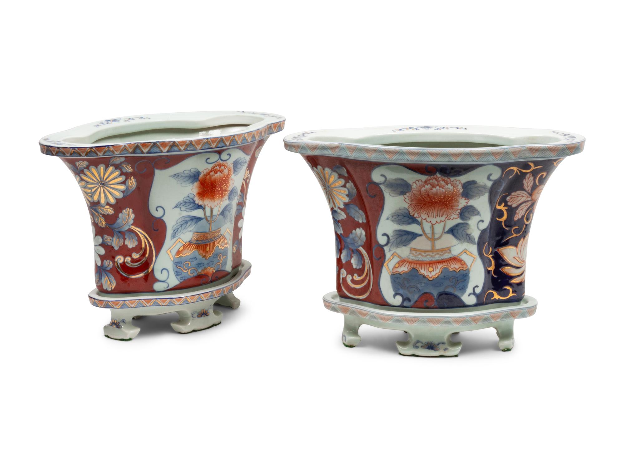 A Pair of Imari Palette Porcelain Jardinieres