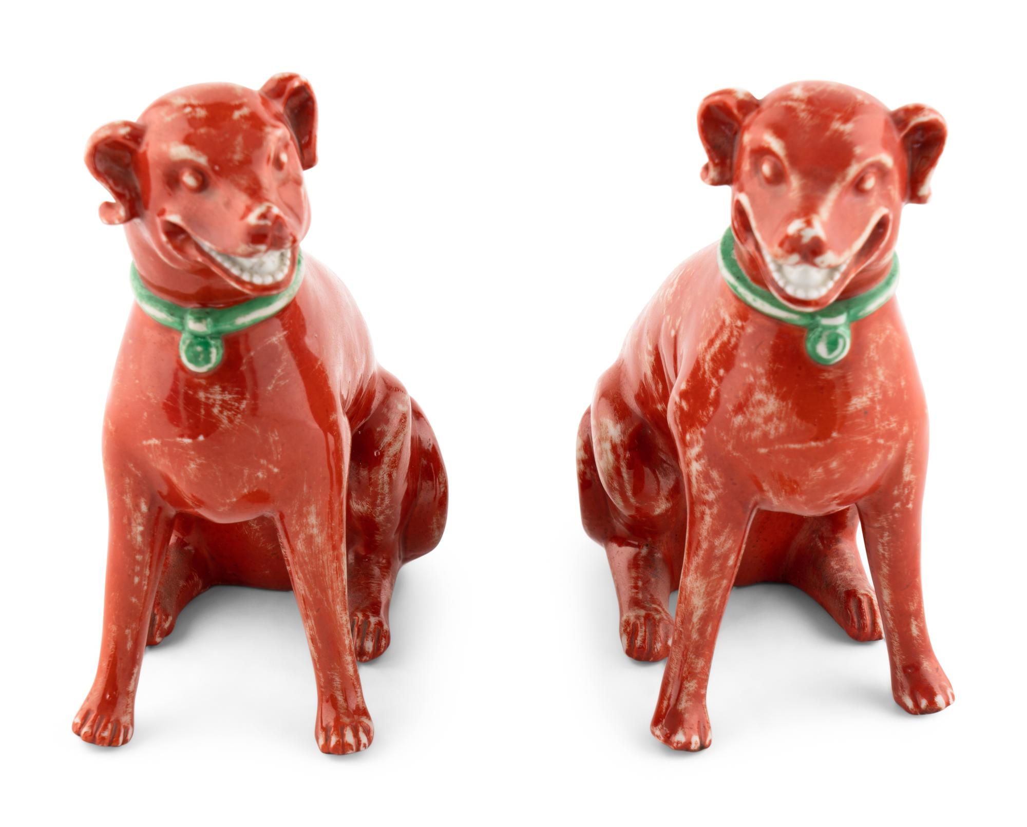 A Pair of Chinese Export Red Glazed Porcelain Seated Dogs