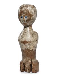 A Folk Art Carved, Painted and Glass Inset Wood Doll "Bed Post" Figure