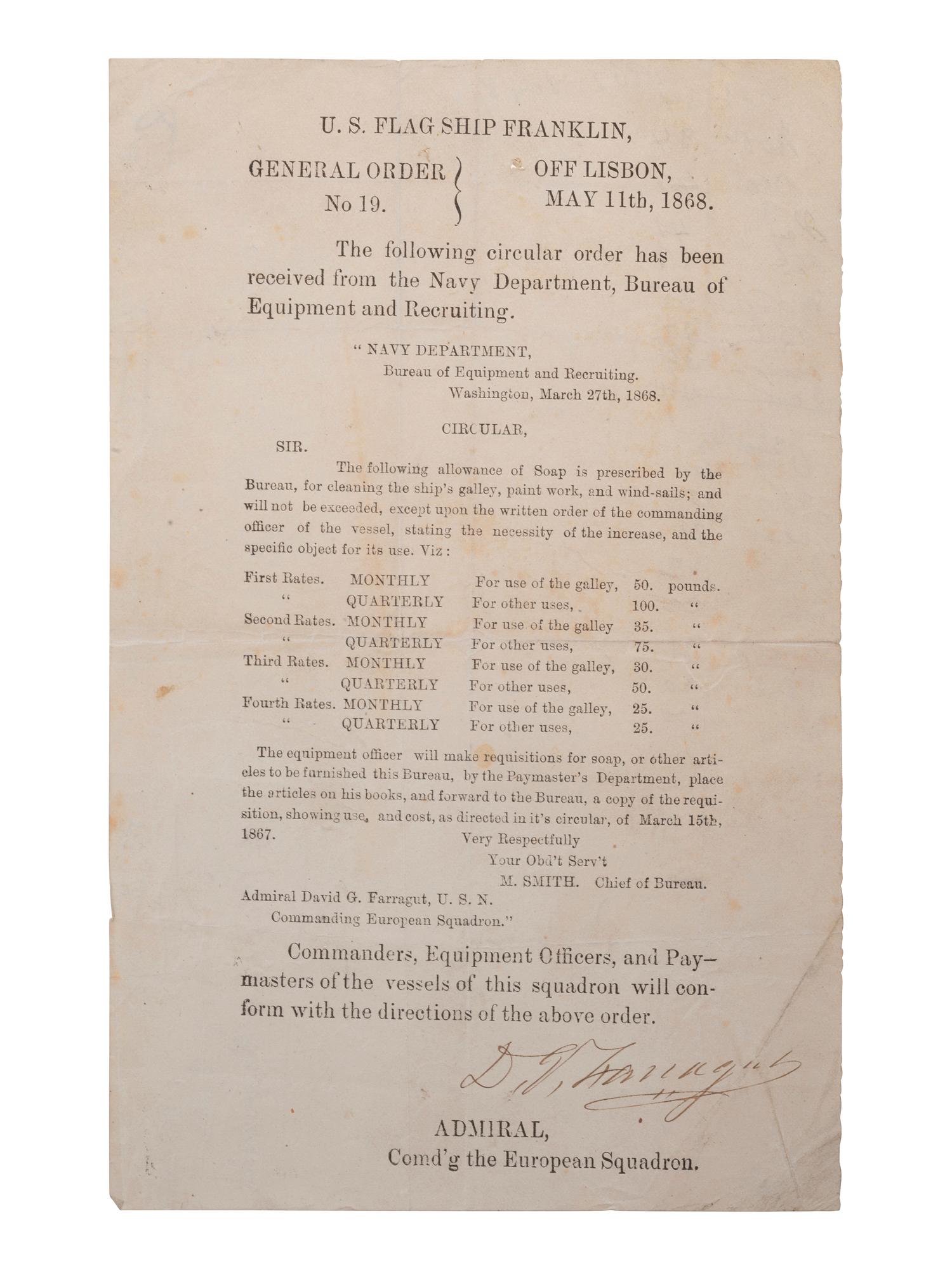 FARRAGUT, D.G. General Order No. 19. signed by Farragut ("D.G. Farragut"), as Admiral in command of the European Squadron. Off Lisbon, 11 May 1868.