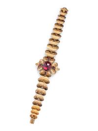 ANTIQUE, YELLOW GOLD AND GARNET BRACELET