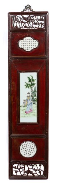 A Set of Four Chinese Famille Rose Porcelain and Wood Panels 19TH CENTURY Height overall 42 1/4 x width 10 1/4 inches. — 19TH CENTURY