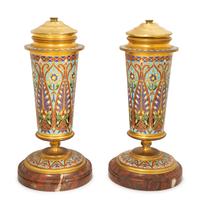 A Pair of French Champleve and Gilt Bronze Lidded Urns — 19TH/20TH CENTURY