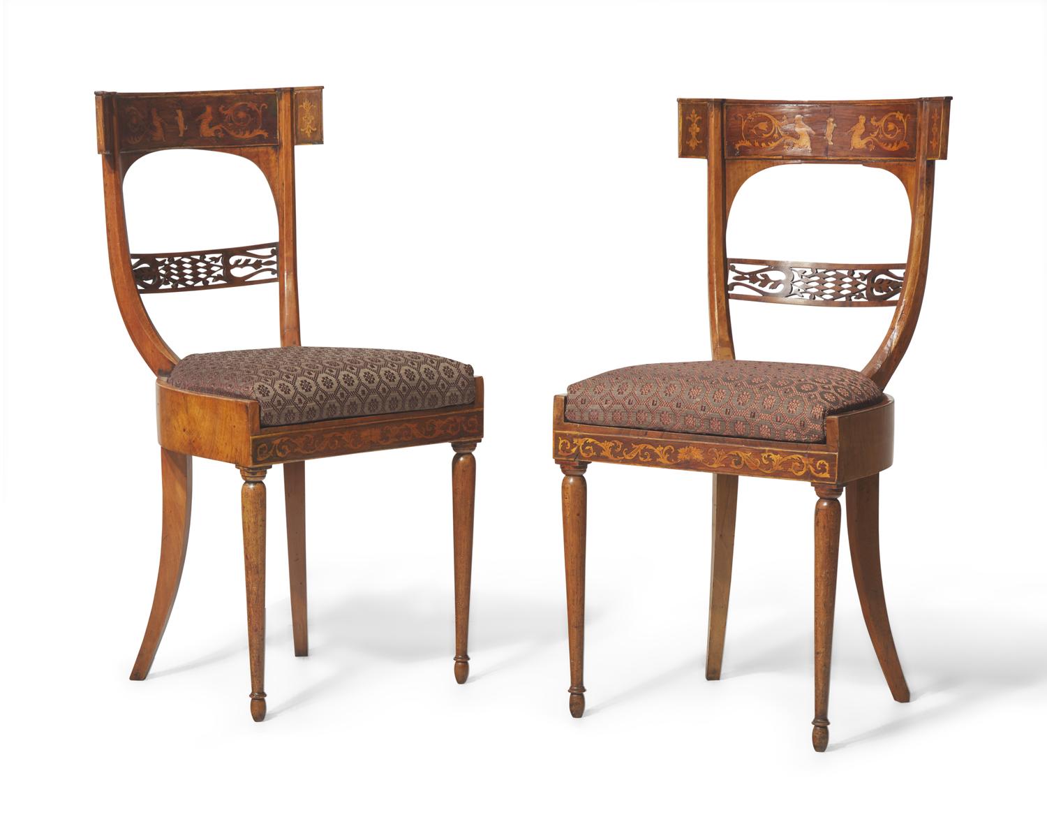 A fine pair of Italian Neoclassical marquetry fruitwood side chairs, early 19th century