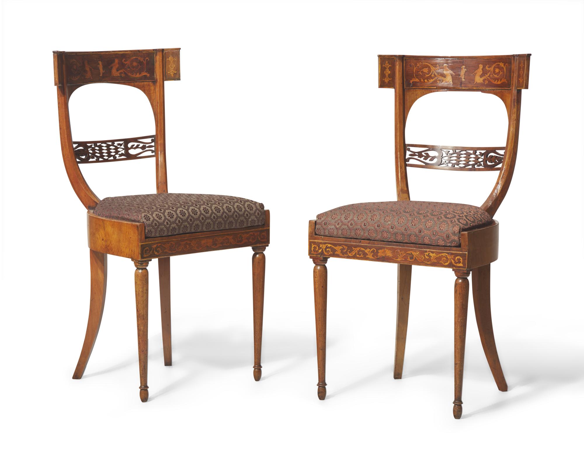 A fine pair of Italian Neoclassical marquetry fruitwood side chairs, early 19th century
