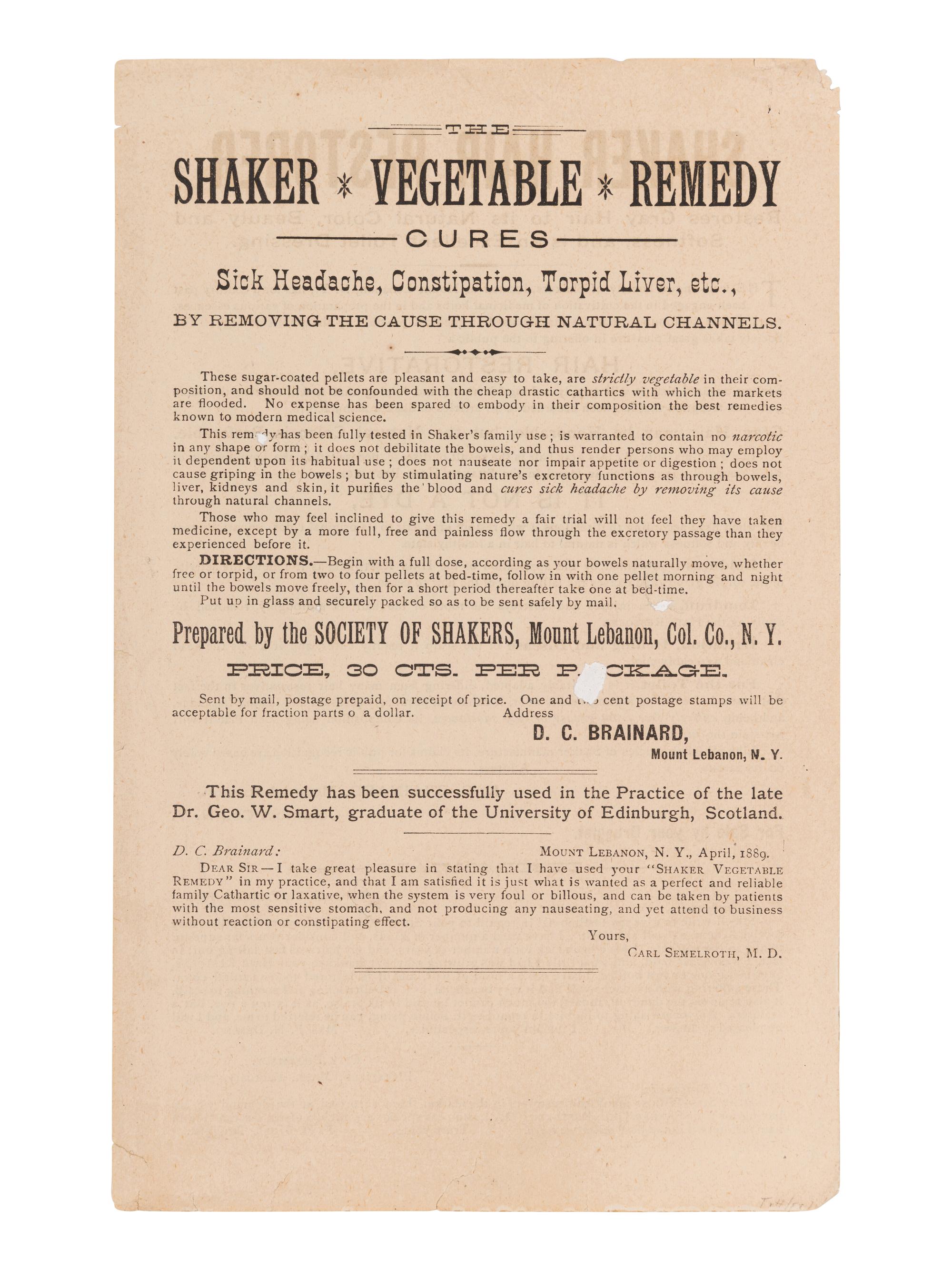 [SHAKERS]. Catalogue of Medicinal Plants, Barks, Roots, Seeds, Flowers and Select Powders.....Raised, Prepared, and put up in the most careful manner by the United Society of Shakers, at New Lebanon, N.Y . Albany: Van Benthuysen, ca 1851?