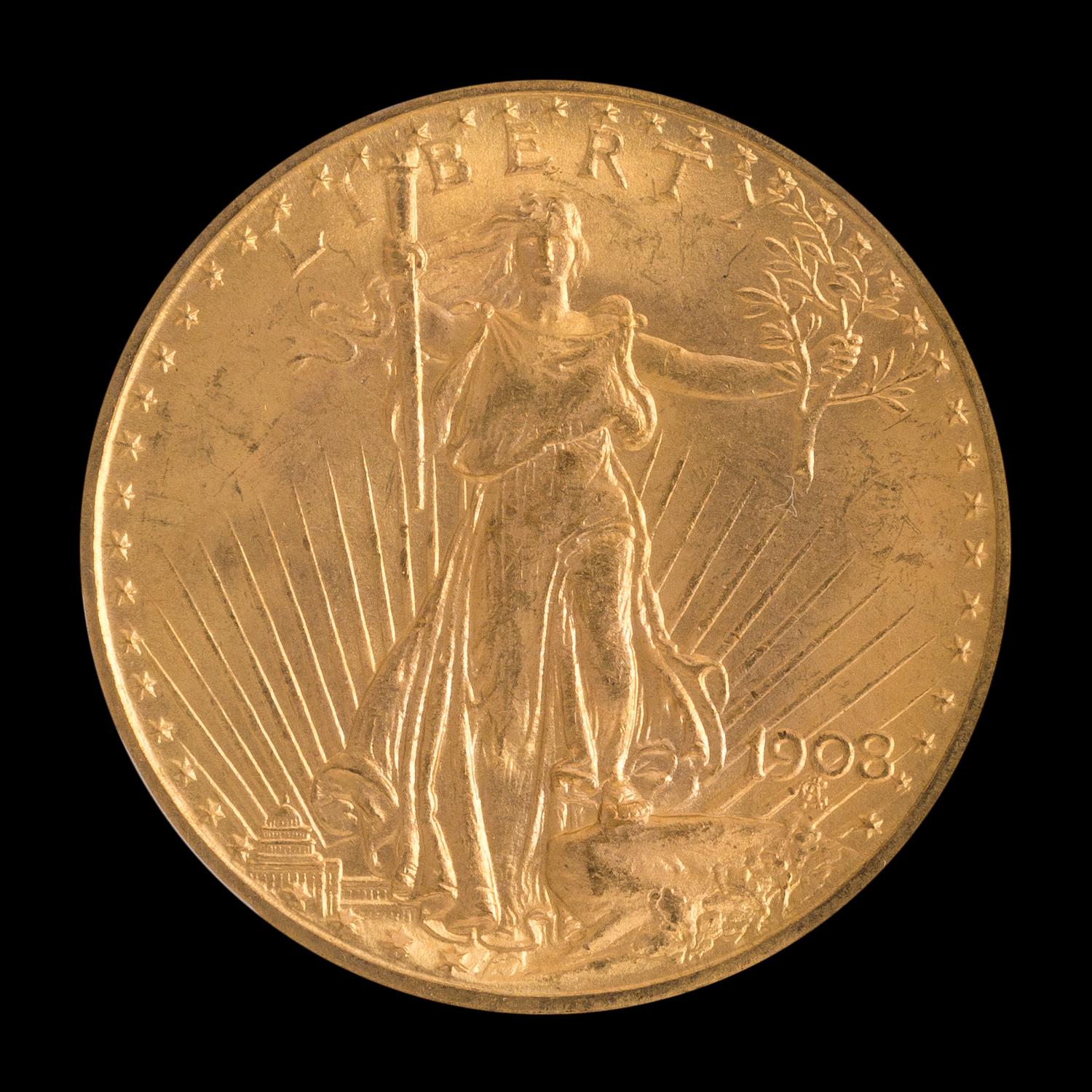 A United States 1908 Saint-Gaudens: No Motto $20 Gold Coin