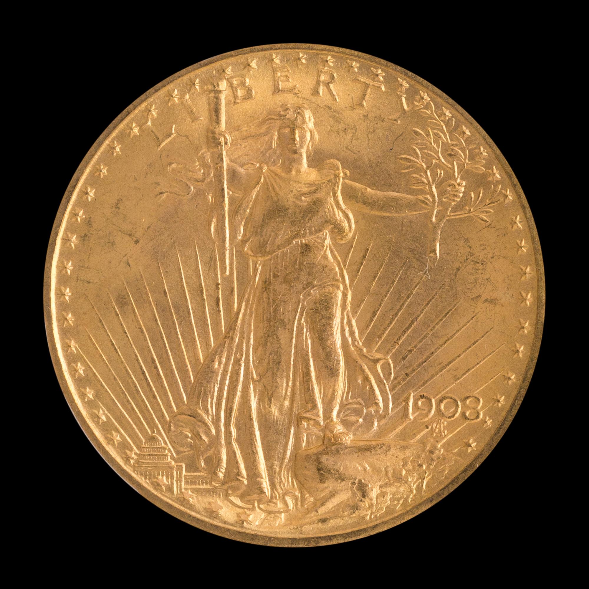A United States 1908 Saint-Gaudens: No Motto $20 Gold Coin