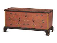 A Chippendale Red and Polychrome Paint-Decorated Poplar and Pine Blanket Chest