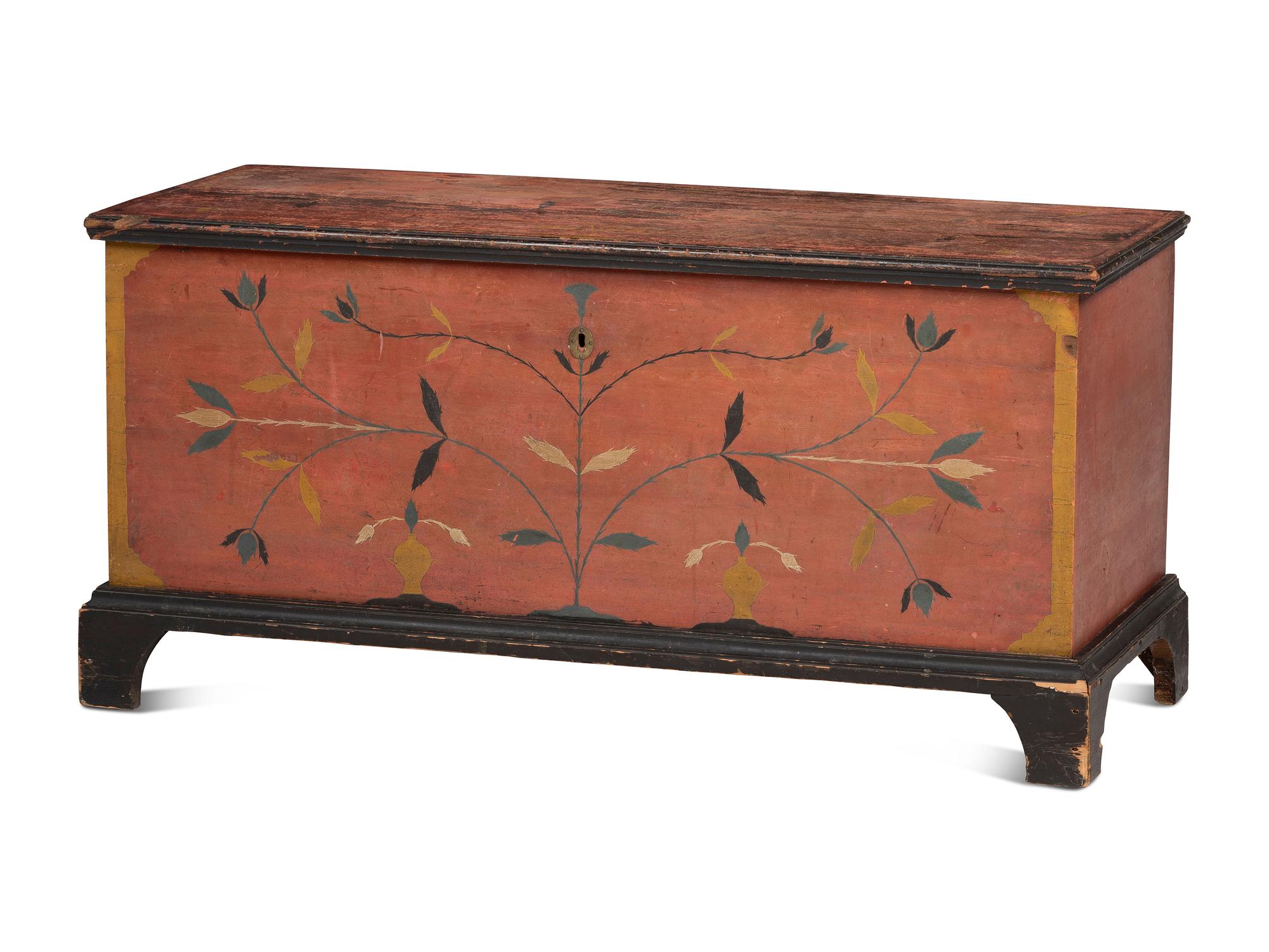 A Chippendale Red and Polychrome Paint-Decorated Poplar and Pine Blanket Chest