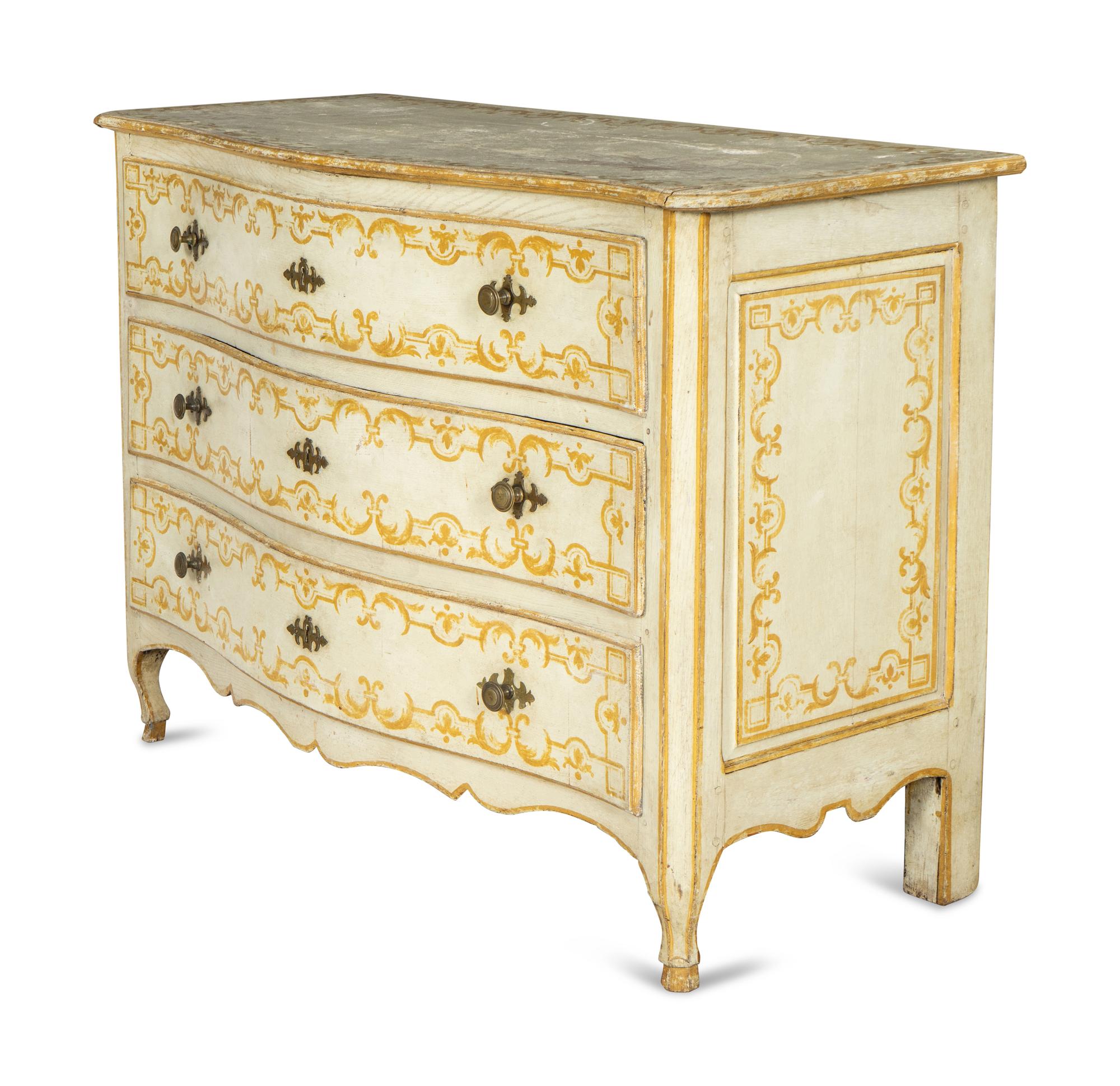 A Louis XV Oak Stencil Decorated Serpentine Front Commode