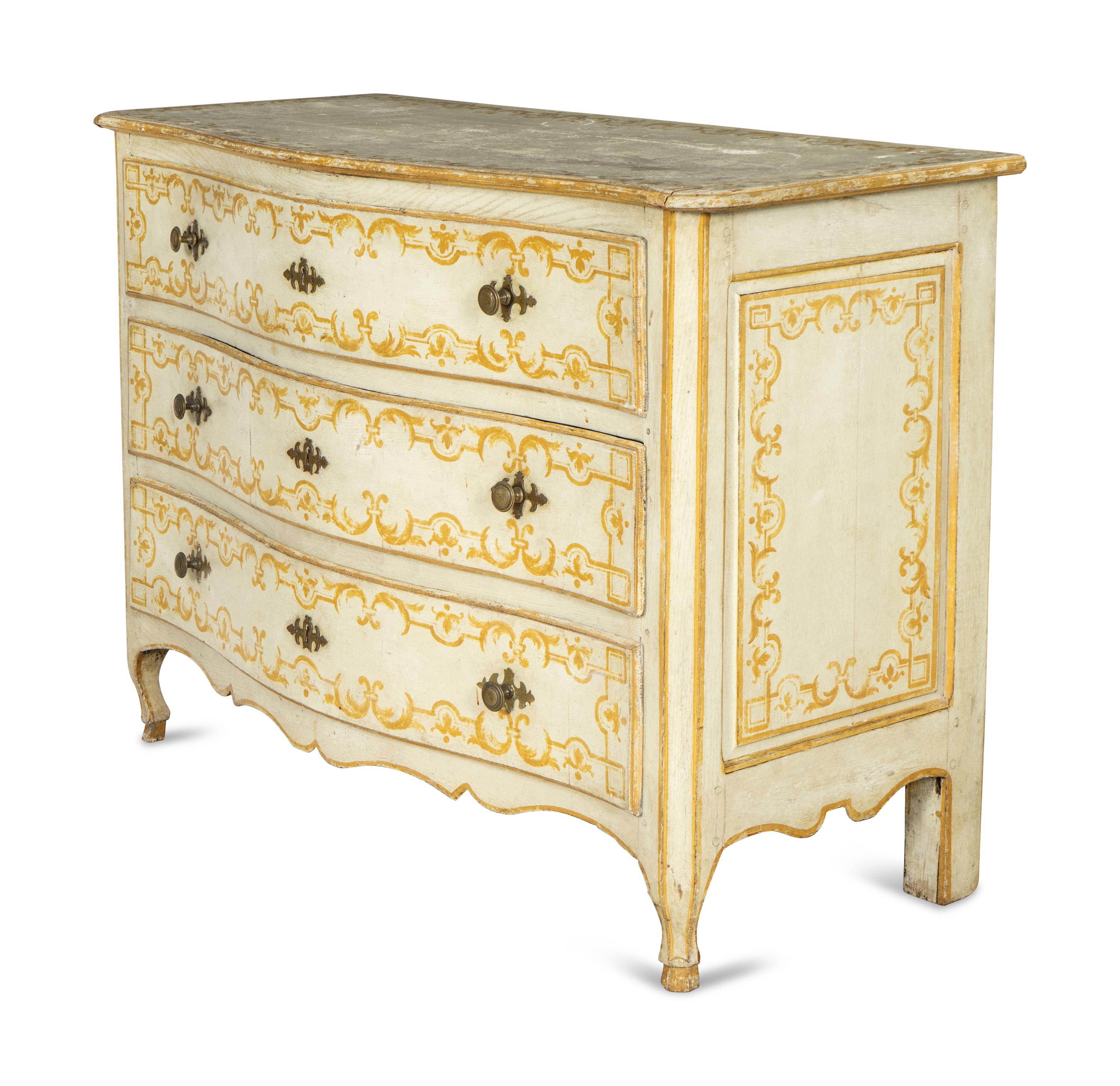 A Louis XV Oak Stencil Decorated Serpentine Front Commode