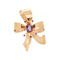RETRO, YELLOW GOLD, AMETHYST, AND RUBY BROOCH