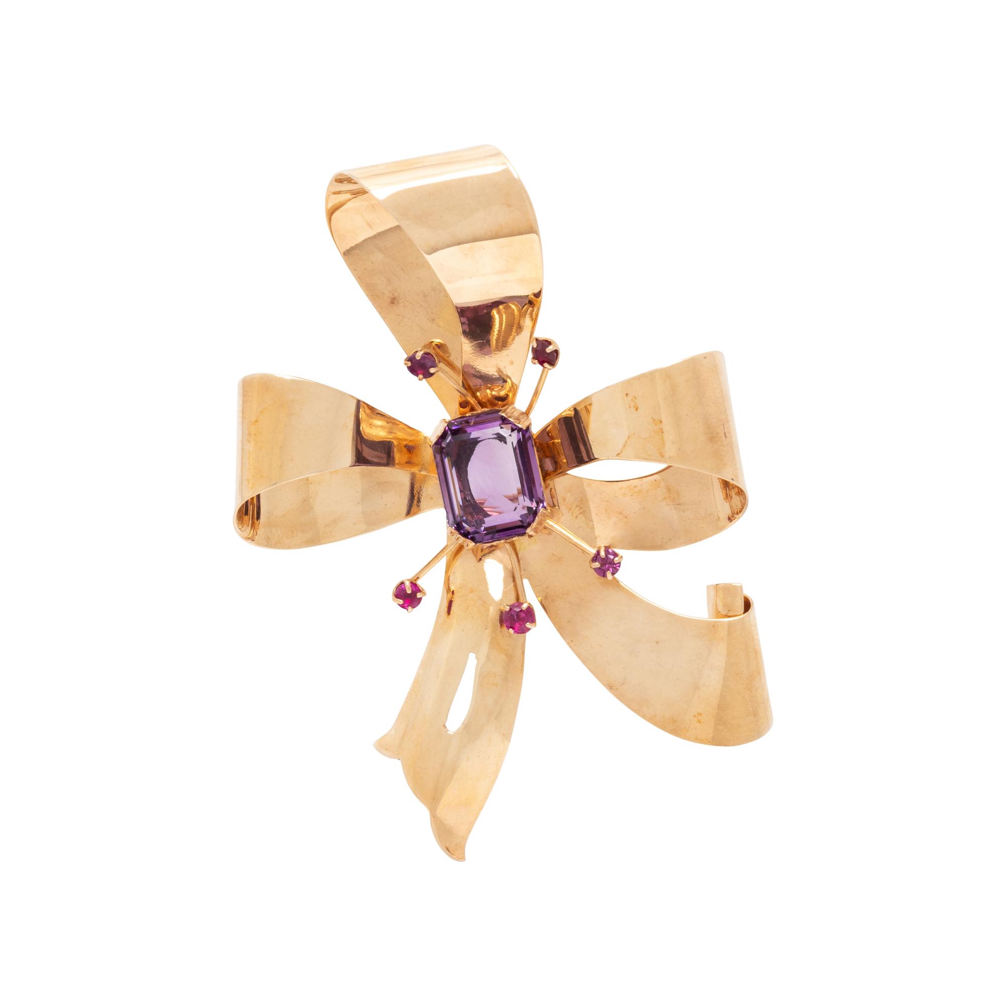 RETRO, YELLOW GOLD, AMETHYST, AND RUBY BROOCH