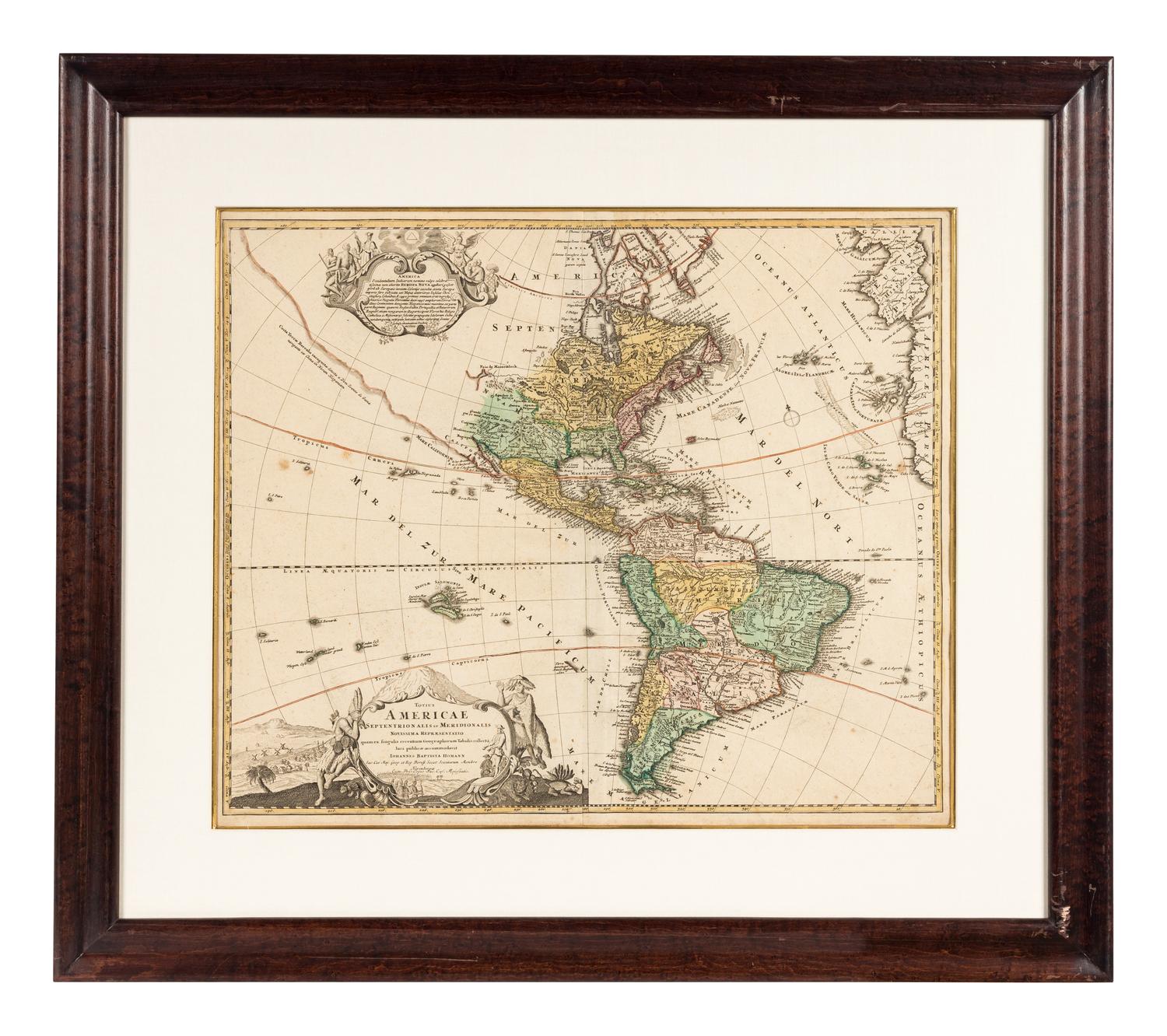 [MAPS]. HOMANN, Johann Baptist (1663-1724). Four engraved continent maps with hand-coloring, each matted and framed, comprising: