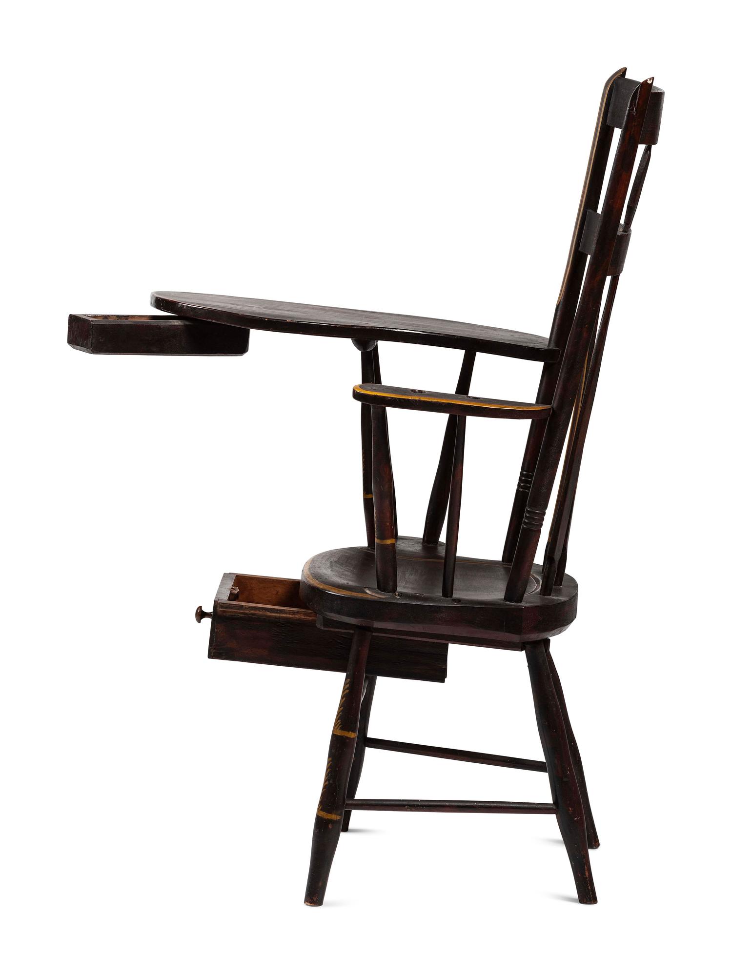 A Classical Grain and Yellow Painted Writing Arm Windsor Armchair, 19th Century