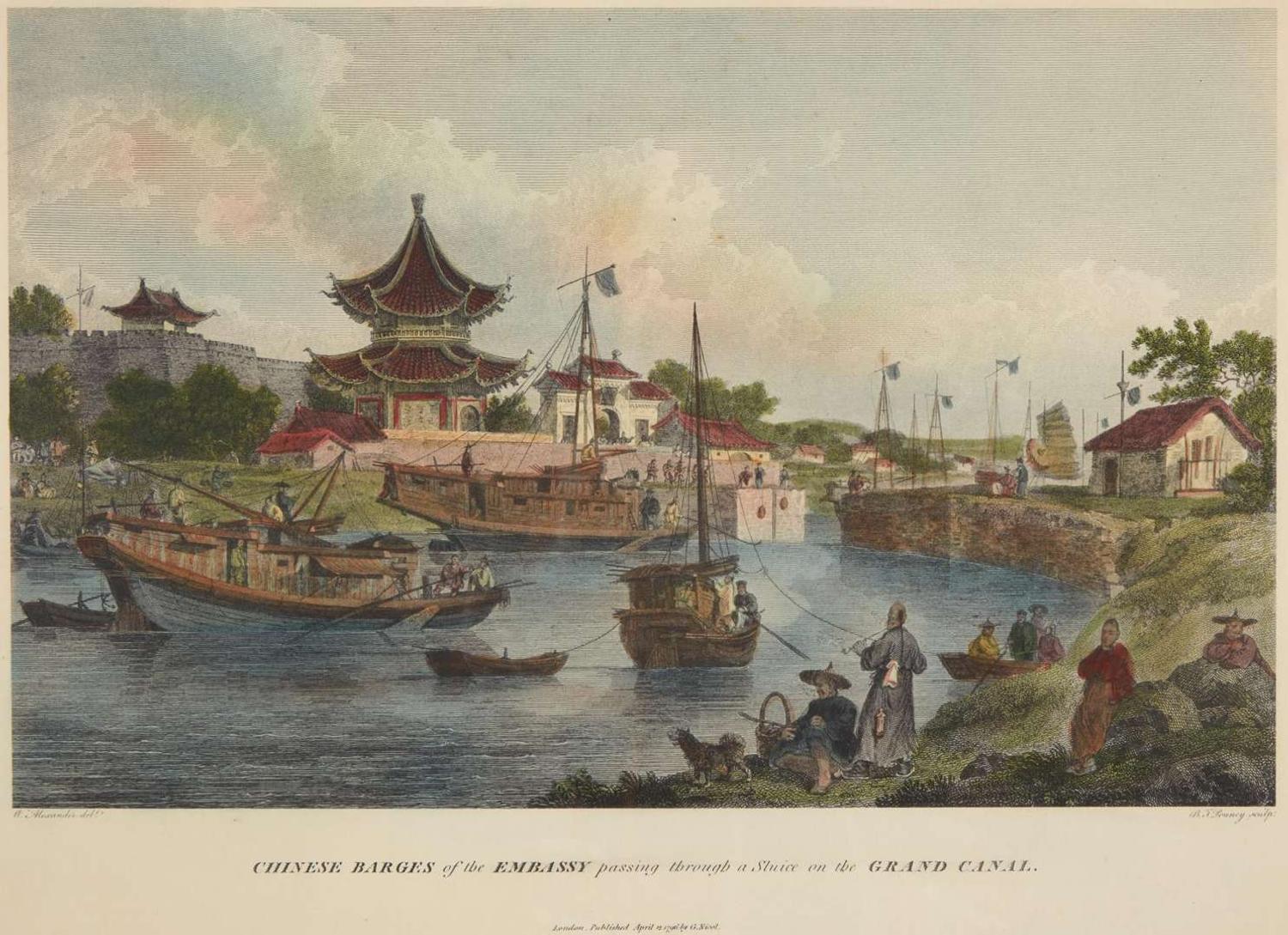 After William Alexander (English, 1767-1816), engraved by Benjamin Thomas Pouncy (English, -1799), printed by George Nicol (English, c. 1740-1828), Chinese Barges of the Embassy Passing through a Sluice on the Grand Canal, published 1796