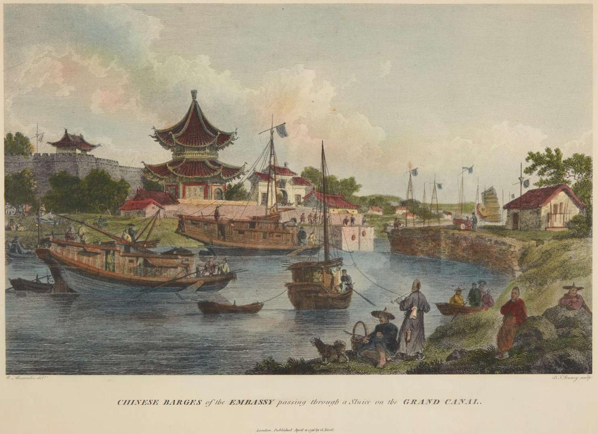 After William Alexander (English, 1767-1816), engraved by Benjamin Thomas Pouncy (English, -1799), printed by George Nicol (English, c. 1740-1828), Chinese Barges of the Embassy Passing through a Sluice on the Grand Canal, published 1796