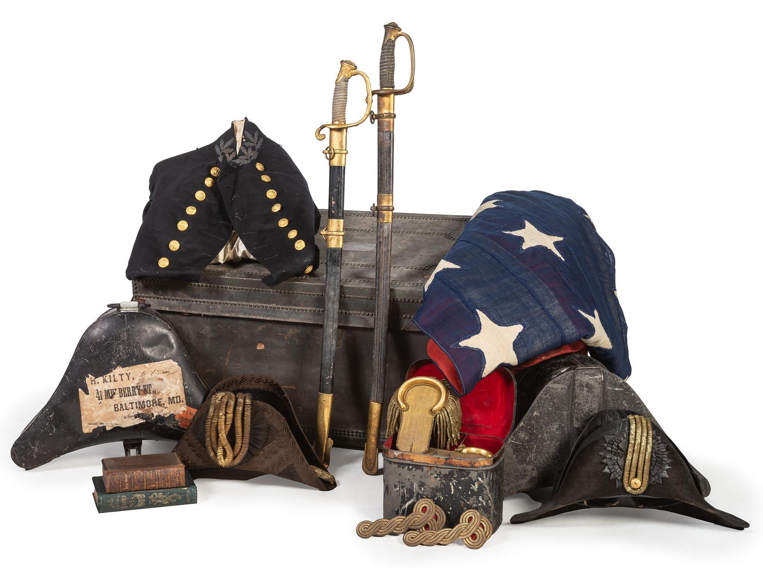 Collection of US Navy Rear Admiral Augustus Henry Kilty (1807-1879), incl. swords, dress uniform with accoutrements, and 34-star flag associated with the USS Mound City .